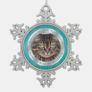 Pet Cat Memorial Foto Weihnachten Aquamarin Silber Schneeflocken Zinn-Ornament