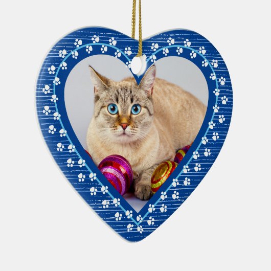 Pet Cat Memorial Paw Prints Heart Foto Weihnachten Keramik Ornament (Rechts)