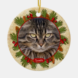 Pet Cat Memorial Pine Boughs Holly Foto Weihnachte Keramikornament