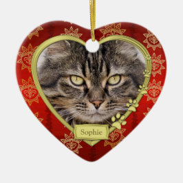Pet Cat Memorial Red Gold Herzstück Foto Weihnacht Keramikornament