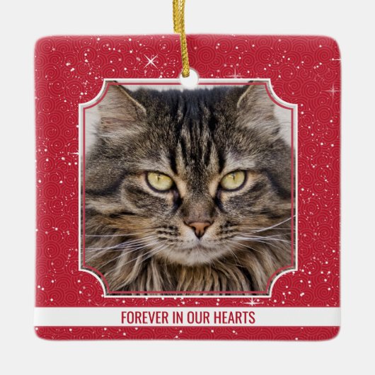 Pet Cat Memorial Red Snow Foto Weihnachten Keramikornament (Vorderseite)