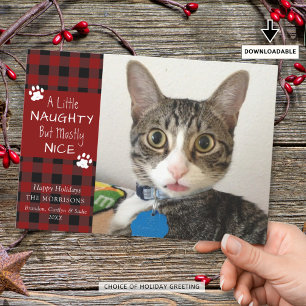 Pet Cat Naughty Nice Red Black Kariert Feiertagskarte