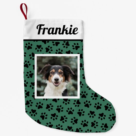 Pet Dog Green and Black Paw Prints Custom Photo Kleiner Weihnachtsstrumpf (Vorderseite)