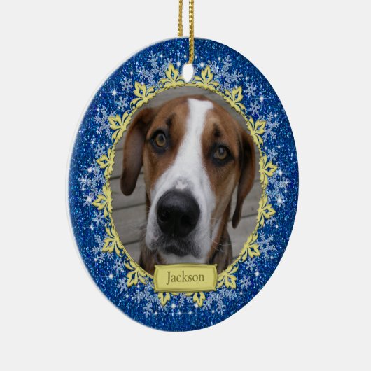 Pet Dog Memorial Blue Snowflake Foto Weihnachten Keramikornament (Rechts)
