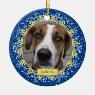 Pet Dog Memorial Blue Snowflake Foto Weihnachten Keramikornament