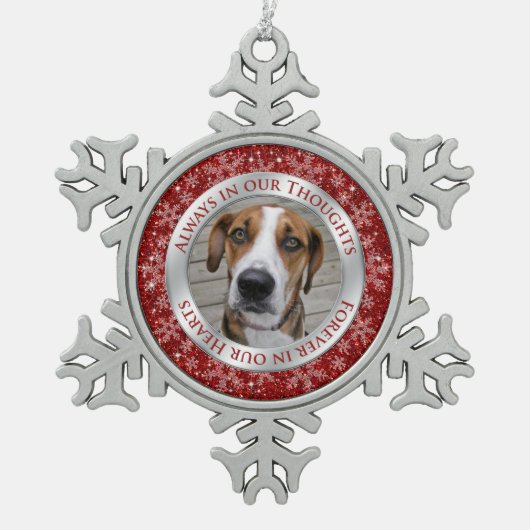 Pet Dog Memorial Foto Weihnachten Roter Silber Schneeflocken Zinn-Ornament (Vorderseite)