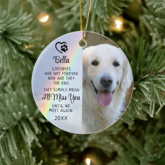 Pet Dog Memorial Goodbye Zitat Foto Rainbow Keramik Ornament (Baum)