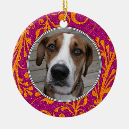 Pet Dog Memorial Pink Orange Foto Weihnachten Keramikornament (Vorne)