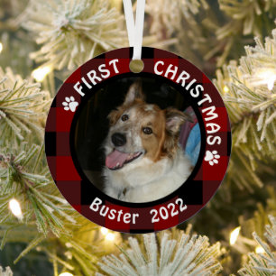 Pet First CHRISTMAS Buffalo Kariert 2 Foto Name Ornament Aus Metall