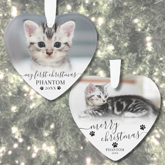 Pet First Christmas Script Cat Foto Herz Ornament