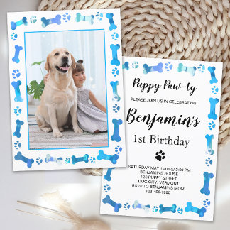 Pet Foto Blue Paw Prints Hund Geburtstag Einladung