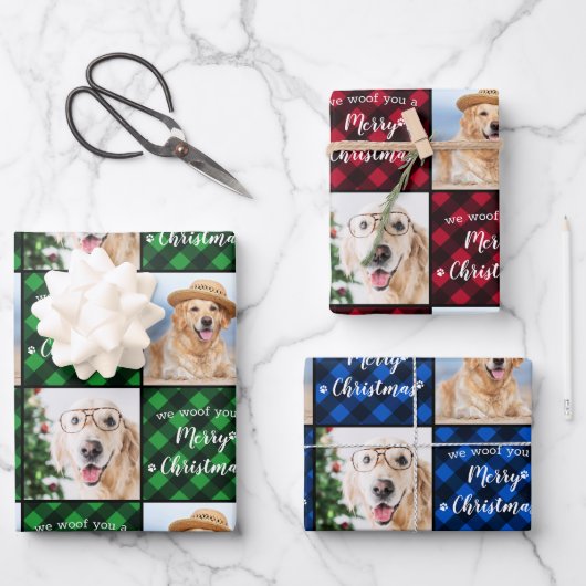 Pet Foto Buffalo Kariert Dog Woof Frohe Weihnachte Geschenkpapier Set (Vorderseite)