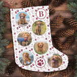 Pet Foto Collage Red Paw Prints Muster Dog Kleiner Weihnachtsstrumpf<br><div class="desc">Dekorieren Sie Ihre Zuhause und verwöhnen Sie Ihr Lieblingstier mit diesem niedlichen Haustier-Collage und dem monogrammatischen Strumpf mit Pfotendrucken und Herz. 12 Fotos, 6 auf jeder Seite, für alle Ihre Jahre Lieblings-Fotos und Erinnerungen. Sie können ein Foto machen, um jeden Monat des Jahres zu feiern, oder nur Ihre Lieblings-Fotos. Perfekt...</div>