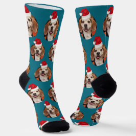 Pet Foto Dunkle Aquamarine Weihnachtsmannmützen We Socken