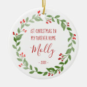 Pet Foto Erster Weihnachtsschrei Roter Text Keramik Ornament (Vorne)