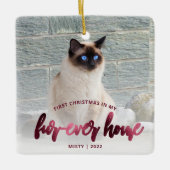 Pet Foto First Christmas Forever Zuhause Burgundy Keramikornament (Vorderseite)