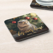 Pet Foto First Christmas Forever Zuhause Gold Scri Getränkeuntersetzer (Linke Seite)