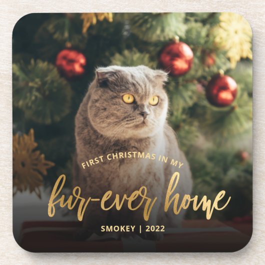 Pet Foto First Christmas Forever Zuhause Gold Scri Getränkeuntersetzer (Vorderseite)