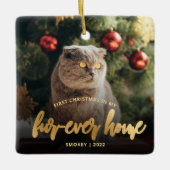 Pet Foto First Christmas Forever Zuhause Gold Scri Keramikornament (Vorderseite)