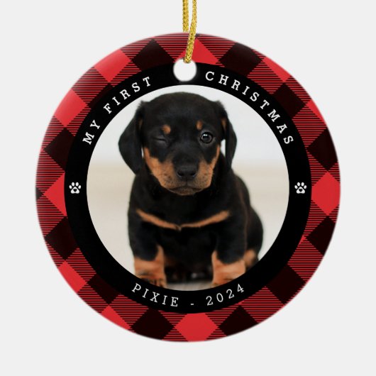 Pet Foto "Mein erstes Weihnachten" Karierte Weihna Keramik Ornament (Vorne)