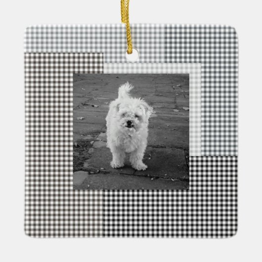 Pet FOTO NAME JAAR Klassischer neutraler Gingham-S Keramikornament (Vorderseite)