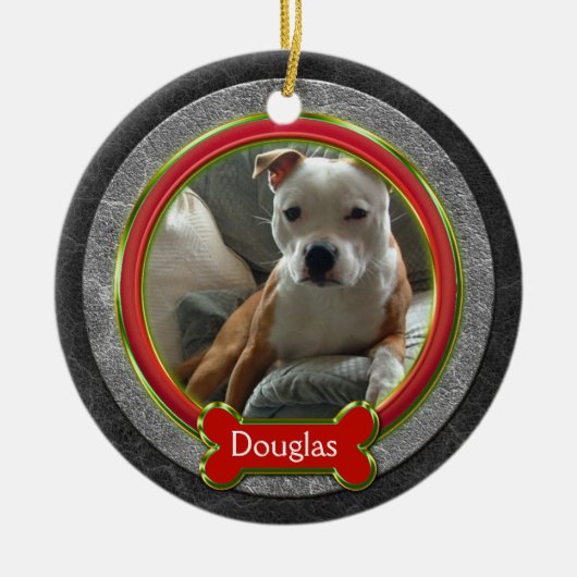 Pet Foto Red Green Grey Leather Weihnachten Keramikornament (Vorne)