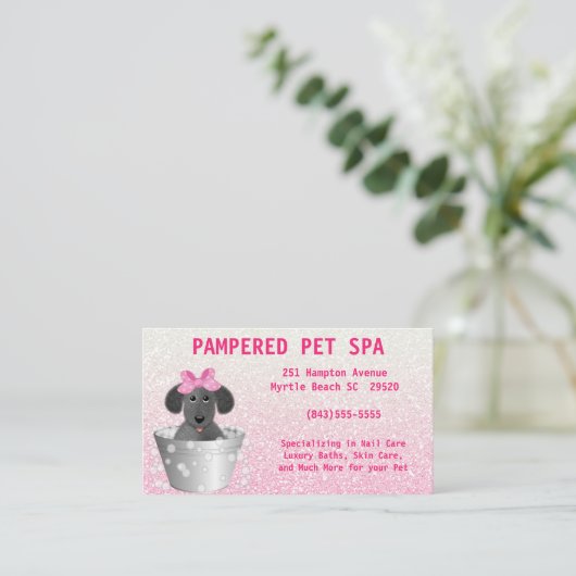 Pet Groomer Pink Glitzer Business Card Visitenkarte (Stehend Vorderseite)
