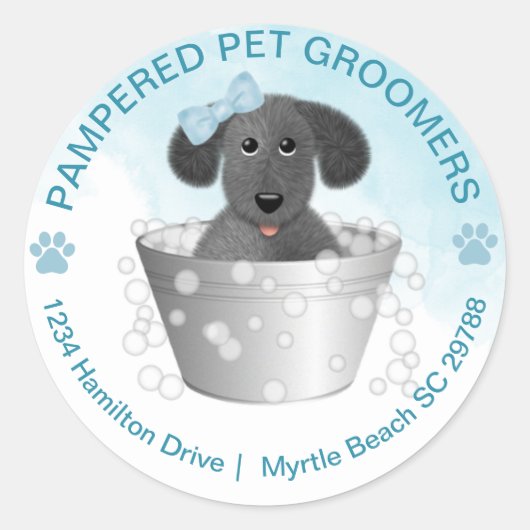 Pet Groomer Puppy in Tub Return Address Runder Aufkleber (Vorderseite)
