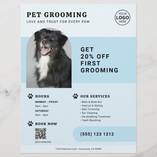 Pet Grooming Foto QR Code Blue Flyer (Vorne)