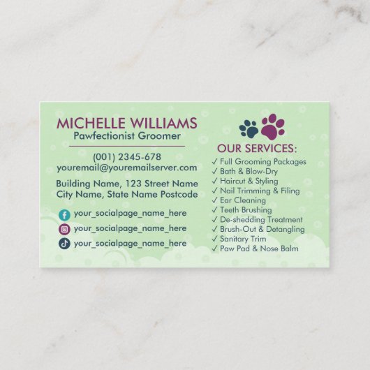 Pet Grooming Studio - Groomer Services Visitenkarte (Rückseite)