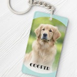 Pet-Hund Foto leicht Aqua-blaue gerundete Ränder N Schlüsselanhänger<br><div class="desc">Keyring mit individuellem Foto und Haustiernamen mit hellaquablau (oder benutzerdefinierter Farbe),  abgerundeten Rändern oben und unten. Sie können die Farben und Schriftart ändern und das Foto im Entwurfswerkzeug verschieben und verändern.</div>