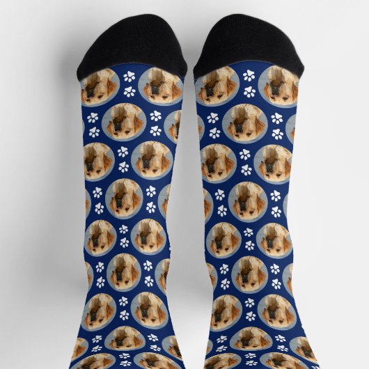 Pet Hund Foto Paw Prints Custom Pattern Navy Blau Socken (Oben)
