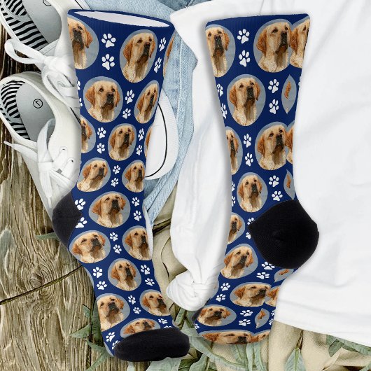 Pet Hund Foto Paw Prints Custom Pattern Navy Blau Socken