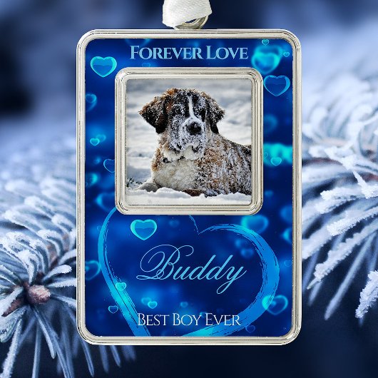Pet Liebe Foto Keepake, blaue leuchtende Herzen - Rahmen-Ornament Silber