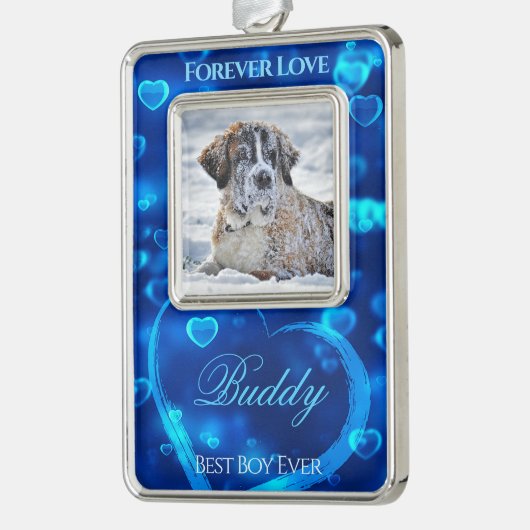 Pet Liebe Foto Keepake, blaue leuchtende Herzen - Rahmen-Ornament Silber (Links)