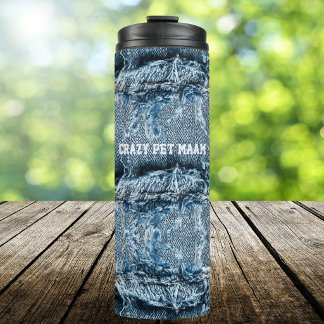 Pet Lover Cat Mom Modern Crazy Blue Denim Jeans  Thermosbecher