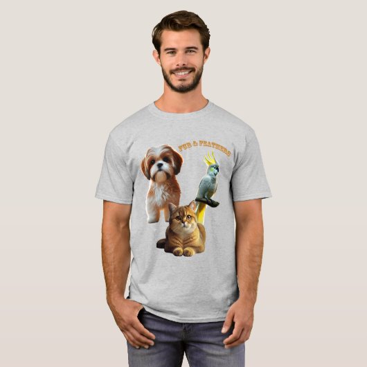 Pet Lover of Fur & Feathers Dog, Cat and Bird URM T-Shirt (Vorne ganz)