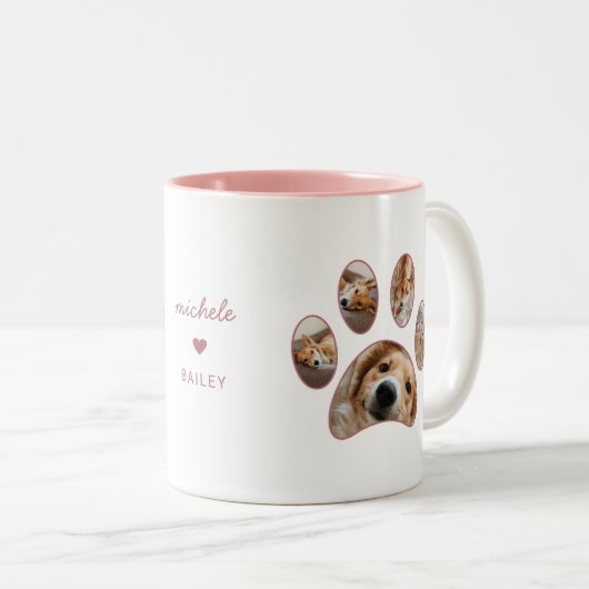 Pet Lovers Pink Paw Print Name Collage Zweifarbige Tasse (VorderseiteRechts)
