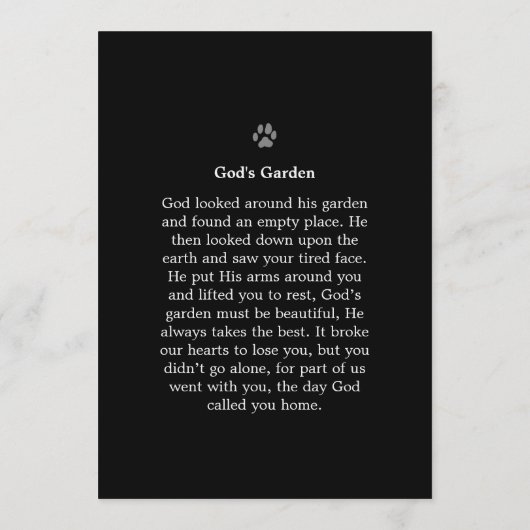 Pet Memorial Card 5"x7" Schwarz - Gottes Gartenged Programm (Rückseite)