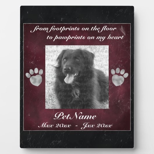 PET Memorial Red Black Marble Effect Silver Paws Fotoplatte (Vorderseite)