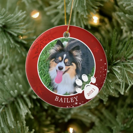 Pet Paw Print Christmas Red Snowflake Stars Foto Keramik Ornament (Baum)