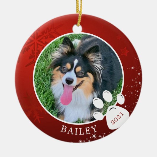 Pet Paw Print Christmas Red Snowflake Stars Foto Keramik Ornament (Vorne)