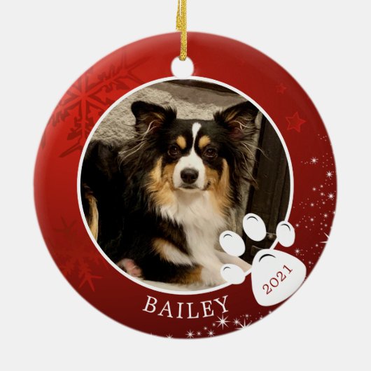 Pet Paw Print Christmas Red Snowflake Stars Foto Keramik Ornament (Hinten)