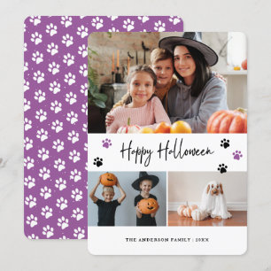 Pet Paw Print Foto Collage Violet Halloween Card Feiertagskarte
