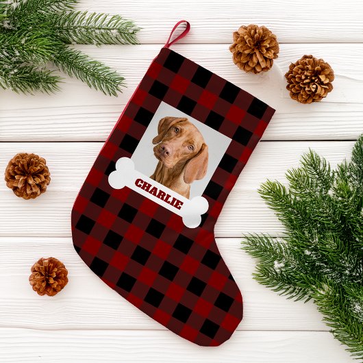 Pet Photo and Dog Bone with Name on Buffalo Plaid Kleiner Weihnachtsstrumpf