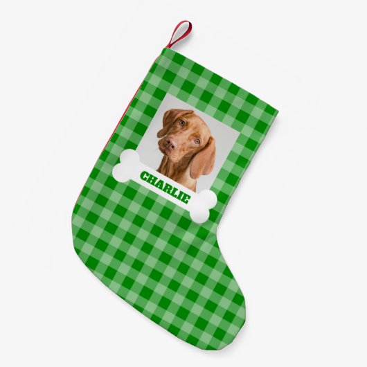 Pet Photo and Dog Bone with Name on Green Plaid Kleiner Weihnachtsstrumpf (Vorderansicht (hängend))