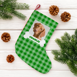 Pet Photo and Dog Bone with Name on Green Plaid Kleiner Weihnachtsstrumpf