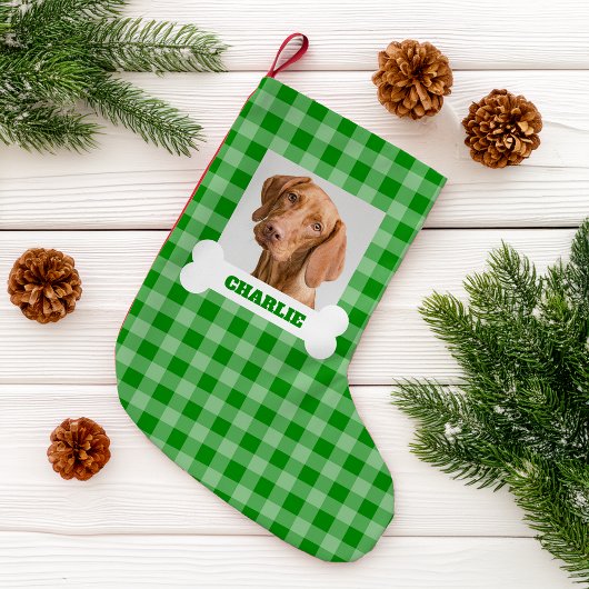 Pet Photo and Dog Bone with Name on Green Plaid Kleiner Weihnachtsstrumpf