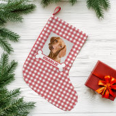 Pet Photo & Dog Bone with Name on Red White Plaid Kleiner Weihnachtsstrumpf