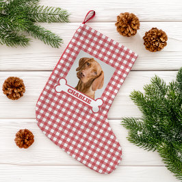 Pet Photo & Dog Bone with Name on Red White Plaid Kleiner Weihnachtsstrumpf